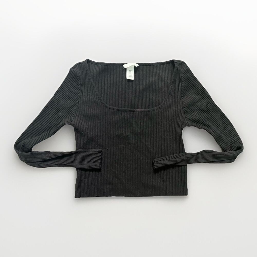 H&M Black Ribbed Long Sleeve Scoop Neck Stretch Shirt Women’s Size Medium